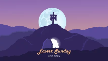 Fotobehang Vector illustration of Easter Sunday with silhouette cross on the hill and moon. Suitable for poster, banner, or background © Wastian