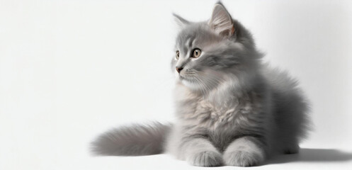 Small cute gray kitten lying on a white background. Empty space for your text. Generative AI