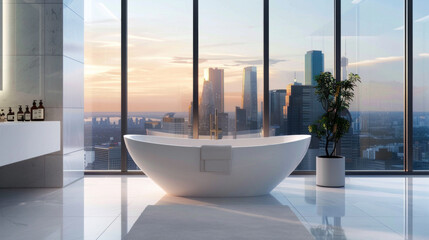 Fototapeta na wymiar A contemporary bathroom with a freestanding bathtub, floor-to-ceiling windows, and city skyline views