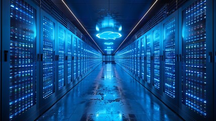 3D rendering of a server room data center with a floating blue cloud icon inside, symbolizing the integration of cloud technology in data management and storage systems.