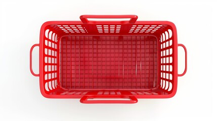 Red supermarket shopping cart. 3d top view vector illustration. Photo realistic empty basket for food products. Customers market trolley mockup. Single object isolated on white. Mall equipment