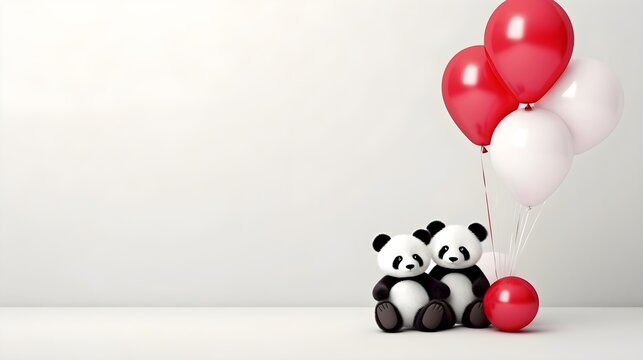 Cute black and white teddy bears holding red balloons on the left side of an empty white background,