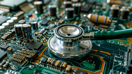 Stethoscope on a complex circuit board, representing the intersection of healthcare and technology