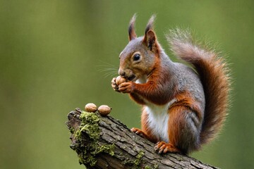 Naklejka na ściany i meble Eurasian Red Squirrel (Sciurus vulgaris), sitting with a hazelnut in its mouth