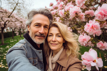 Naklejka premium Happy people enjoying beautiful spring day park trees blossom city view Generative AI illustration