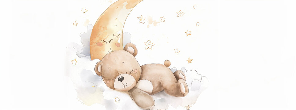 Sleepy Teddy Bear and Crescent Moon Watercolor Illustration
