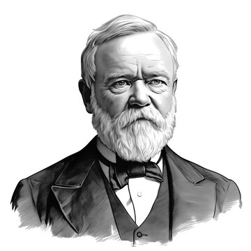 Black and white vintage engraving, close-up headshot portrait of Andrew Carnegie, the famous historical Scottish-American steel industrialist and philanthropist, white background, greyscale