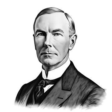 Black and white vintage engraving, close-up headshot portrait of John D. (Davison) Rockefeller Sr, the famous historical American business magnate and philanthropist, white background, greyscale