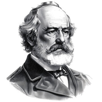 Black and white vintage engraving, close-up headshot portrait of Robert E. (Edward) Lee, the famous historical Confederate general during the American Civil War, white background, greyscale