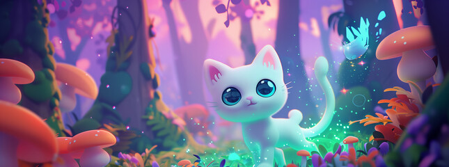 Enchanted Forest Scene with a Cute Cartoon Cat
