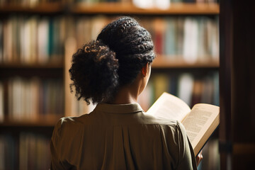 Generative AI photo of librarian student or college teacher in library in front of book shelves