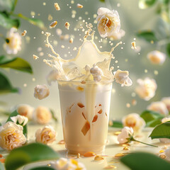 Splashing Milk Tea with Jasmine Flowers Creative Concept
