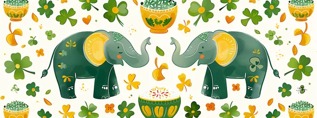 Fotobehang Lao-Thai Inspired Pattern with Elephants and Tropical Flora  © augenperspektive