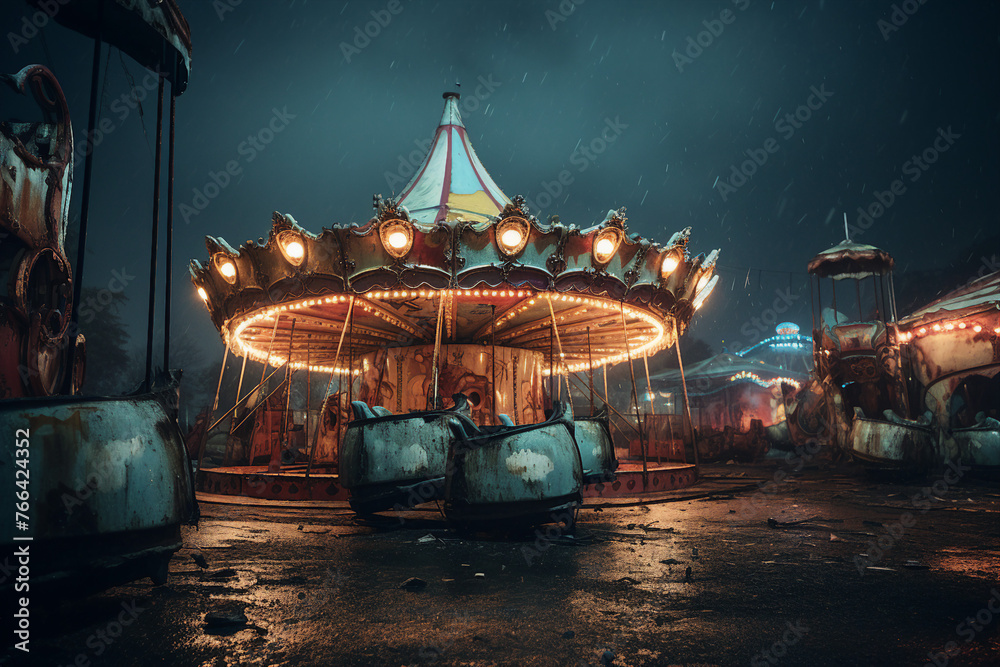 Wall mural a spooky abandoned carnival with rusted rides made with generative ai