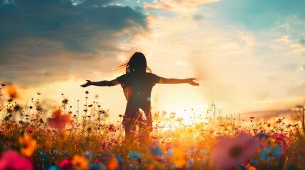 A woman standing in the middle of an open field with flowers, her arms outstretched to embrace nature, as she gazes at the sky filled with vibrant colors and sunlight