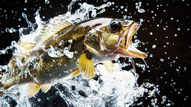 A dynamic photograph of an action shot, high speed photography of a bass fish jumping out of the water with splashes and bubbles around it, black background