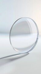 A single, perfectly shaped contact lens floating in the air against a white background. The clear...