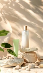 Fototapeta na wymiar A light beige background with stones and plants, there is an oval shaped green tube of cream on the left side, next to two white bottles with skincare products inside