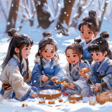 Illustration of four girls in traditional attire, making and sharing food in a snowy landscape