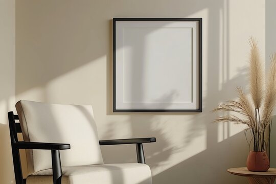 Tranquil Interior with a Black Framed Poster Mockup on Wall for Artwork and Poster Presentations. Ideal for showcasing posters, paintings, prints, and other creative projects.