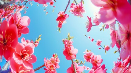 Fototapeta na wymiar photo of pink flowers in the sky, wide angle, beautiful sunny day, blue background, springtime, cherry blossoms