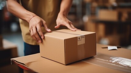 Close-up of a man's hands packing a cardboard box in shop preparing for shipment e-commerce, Logistics, Delivery.