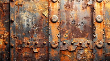 old, rusted metal door with multiple rivets and chipped paint, creating intricate patterns in shades of brown and orange