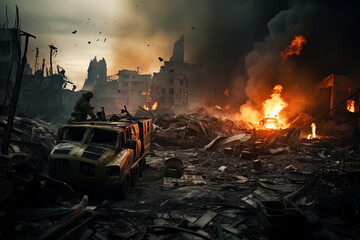 Fototapeta premium Professional rescuer against burning city background AI generative concept