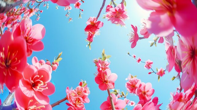 photo of pink flowers in the sky, wide angle, beautiful sunny day, blue background, springtime, cherry blossoms