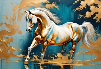 An abstract artistic background with a horse, chinoiserie, and golden brush strokes. Oil on canvas. Modern Art. Wallpapers, posters, cards, murals, prints, and wall
