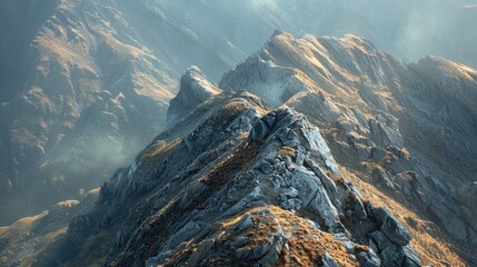 Sunlit Mountain Peaks and Rugged Terrain Golden hour sunlight highlights the intricate textures of...