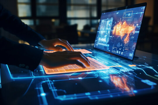 Hard working person in modern interior office programming writing web java script code AI technology generation