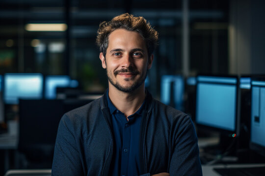 Hard working person in modern interior office programming writing web java script code AI technology generation