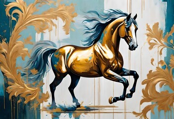 An abstract artistic background with a horse, chinoiserie, and golden brush strokes. Oil on canvas. Modern Art. Wallpapers, posters, cards, murals, prints, and wall