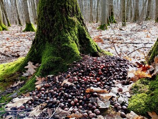 Near an old oak tree covered with green moss, there is a large mountain of oak acorns that a squirrel has laid and eaten all winter. Feeding of wild animals in the forest and food remains after winter