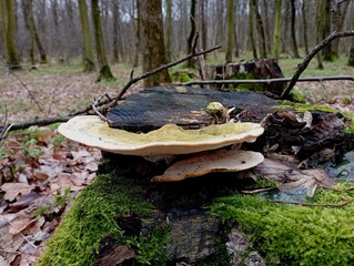A large white toadstool parasite on an old rotten stump covered with green thick moss in the middle...