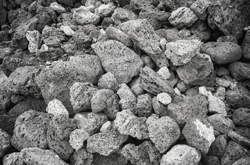 Black and white close up photo of pumice stones, nature background, Galapagos Islands, Ecuador. - 766425707