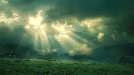 Fotobehang Divine Light Over Countryside Scene., faith, religious imagery, Catholic religion, Christian illustration © Dolgren