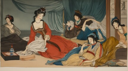A group of women are laying on a bed, some of them reading. Scene is relaxed and peaceful