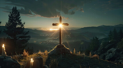 Radiant Cross Illuminated by Light., faith, religious imagery, Catholic religion, Christian illustration - obrazy, fototapety, plakaty
