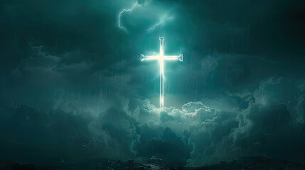 Radiant Cross Illuminated from Above, faith, religious imagery, Catholic religion, Christian illustration