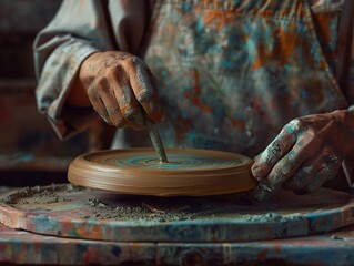 Capture the intricate process of shaping, molding, and painting a handmade pottery piece from a side view Highlight the artisans hands in motion, showcasing the mastery of the craft