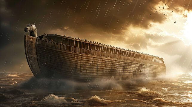 Floating Arche Noah Amidst Floodwaters, faith, religious imagery, Catholic religion, Christian illustration