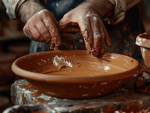 Capture the intricate process of shaping, molding, and painting a handmade pottery piece from a side view Highlight the artisans hands in motion, showcasing the mastery of the craft