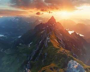 Peak Panoramas Absorbing the Tranquility of Sunset on a Mountain Summit ,photographic style ,high detailed