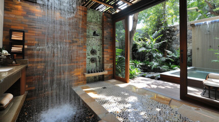 Fototapeta na wymiar A spa retreat bathroom with a waterfall shower, teak wood accents, and pebble tile flooring