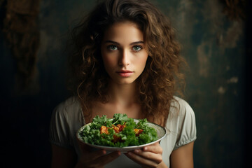 AI generated image of beautiful woman cooking and eating healthy organic vegetarian food