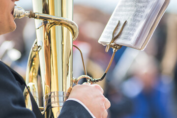 Details of hands playing tuba bass - 766426375