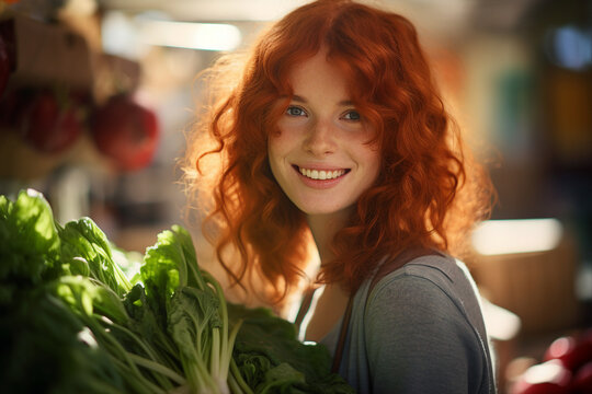 AI generated image of woman chooses vegetables on the shelves at the grocery store