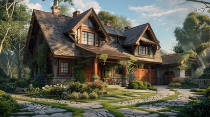 Fototapeta na wymiar craftsman home exterior with stone path and wooden garage doors, created with generative ai AI generated